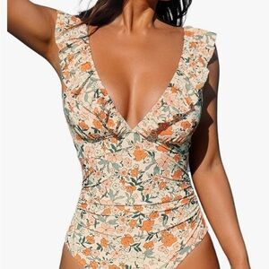 Cupshe Floral One Piece Swimsuit - Orange and Cream